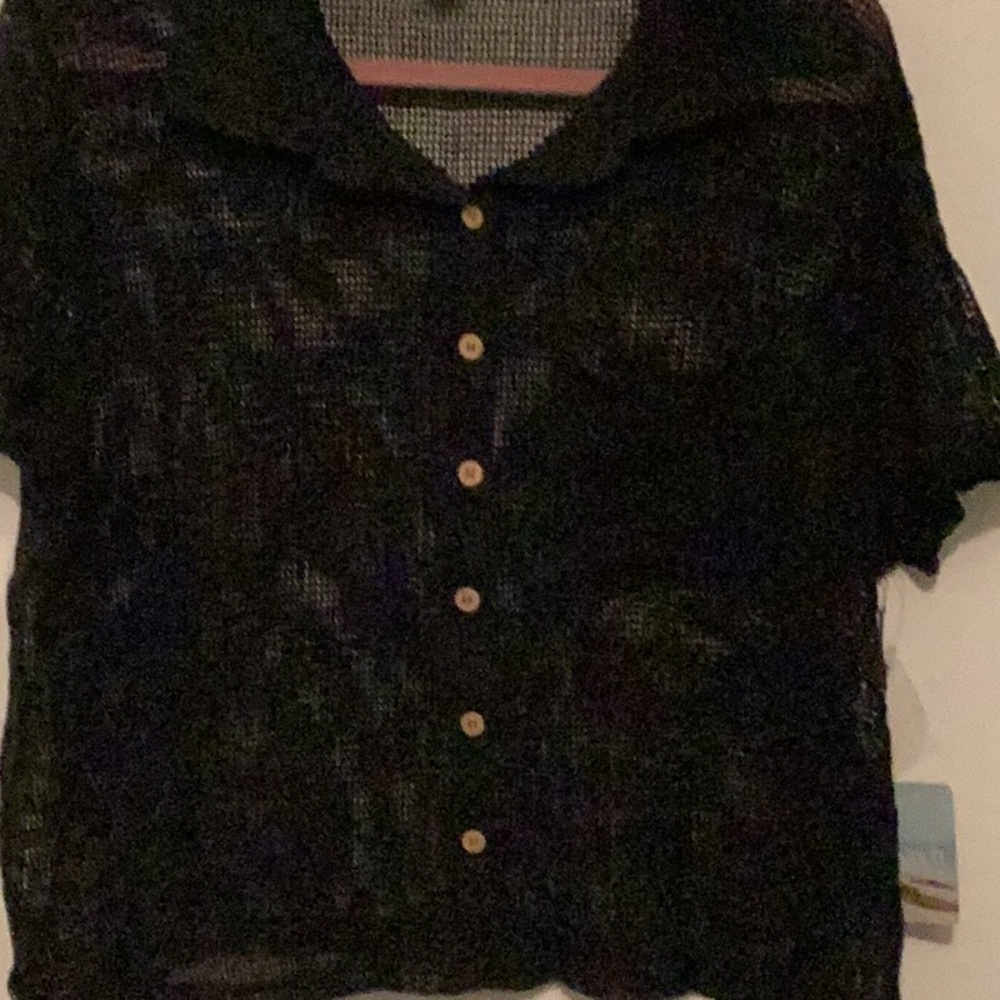 Black 2 Piece Mesh Button Down Swim Coverup with Notched Collar - Picture 4 of 16